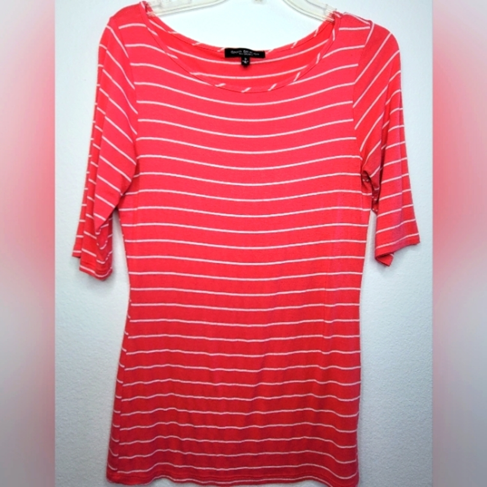 Casual Couture M 3/4 Sleeve Stretchy Striped Pink and White Top Medium